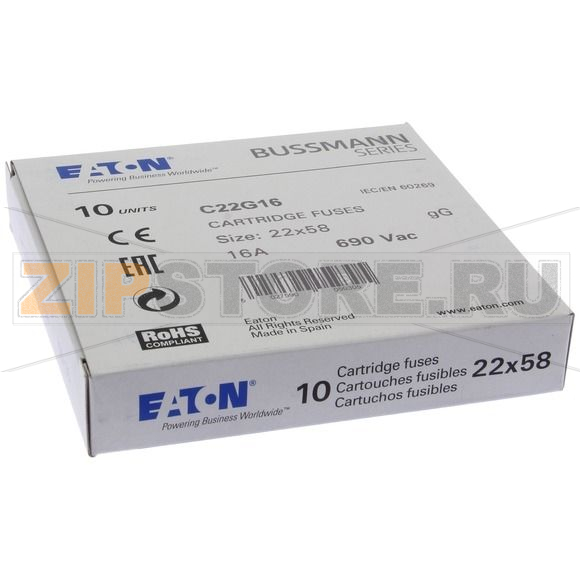 Предохранитель, 16 A, AC 690 В, 80 кА, 22x58 мм, gL/gG, IEC Eaton CYLINDRICAL FUSE 22x58 16A GG 