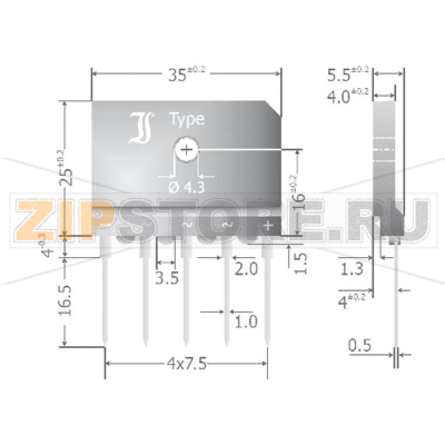 Выпрямитель трёхфазный 25 А, 800 В, корпус: SIL-5 Diotec DBI25-08A 