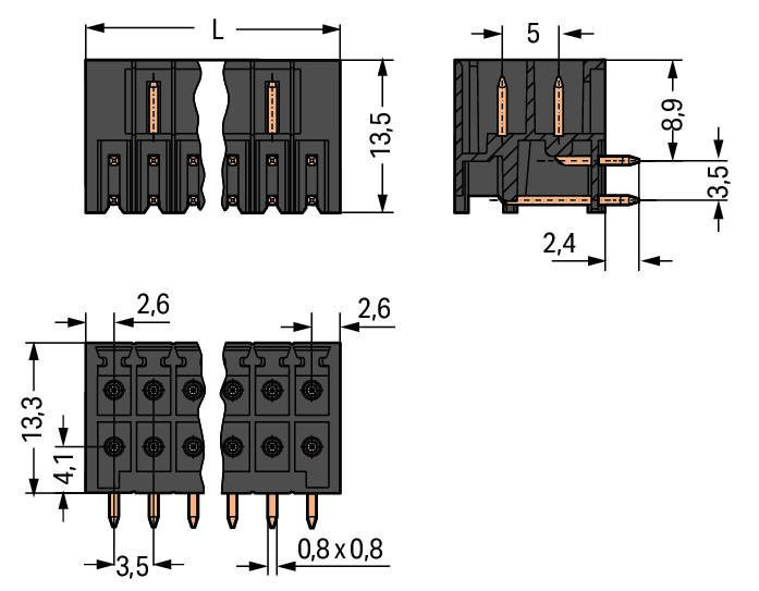 MCS MINI HD THR male header, 2-row; 0.8 x 0.8 mm solder pin; angled; 100% protected against mismating; in tape-and-reel packaging; Pin spacing 3.5 mm; 2 x 15-pole; black Wago 713-1435/105-000/997-408 Вилки для пайки оплавлением припоя для поверхностного монтажаРазделенные разъемы выводов предотвращают повреждения и обеспечивают вилкам защиту от касания в неподсоединенном состоянии100% защита от неправильного подсоединенияВозможны варианты кодировки...