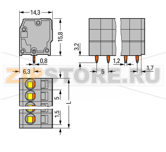 Клемма на печатную плату; 2,5 мм; Шаг контактов 5 мм; 8-пол.; CAGE CLAMP®; 2,50 mm; серые Wago 739-108 Клеммные колодки с соединением CAGE CLAMP®, монтаж проводников при помощи отверткиВвод и работа проводника в вертикальном положении помогают экономить место...
