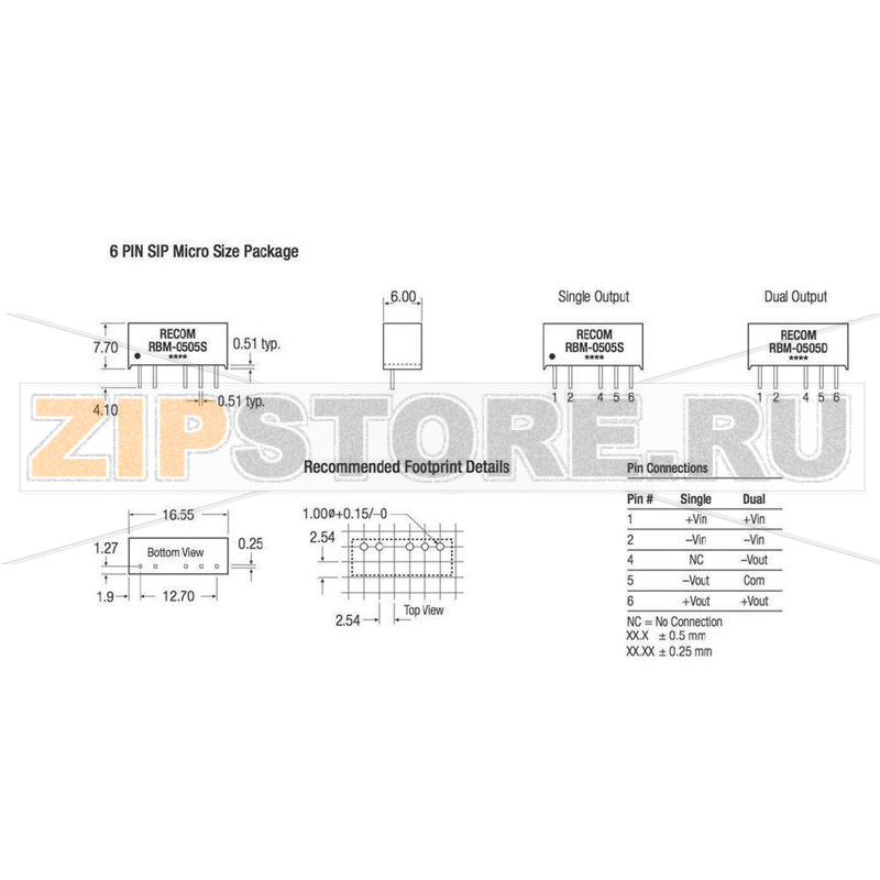 Преобразователь DC/DC, печатный монтаж, 12 В/DC, -12 В/DC, 41 mA Recom RBM-1212D 