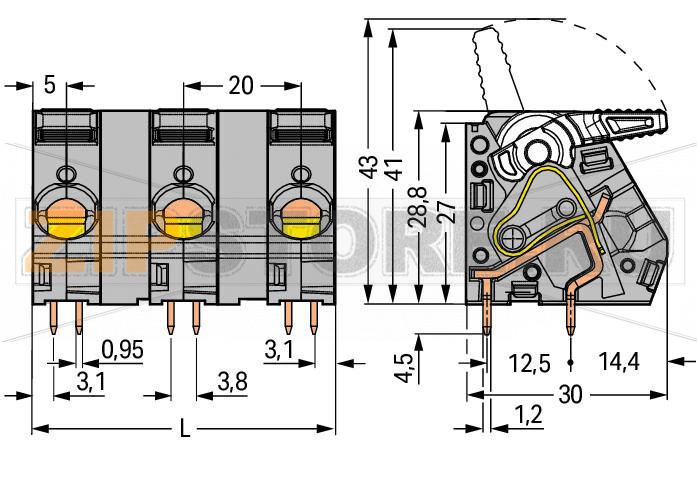 Клемма на печатную плату; рычаг; 16 мм; Шаг контактов 20 мм; 3-пол.; CAGE CLAMP®; 16,00 mm; серые Wago 2716-303 Сильноточные клеммные колодки с зажимами CAGE CLAMP®, с рабочими рычагамиОткрытие и закрытие без использования инструментов – рычаги открываются/закрываются при помощи пальцевНесколько зажимов могут быть открыты одновременно– удобно для монтажа многожильных кабелейЧетыре вывода под пайку для контакта высокого уровня механической стабильности600 В UL для шага контактов 12,5 ммИсполнения с возможностью объединения потенциалов...