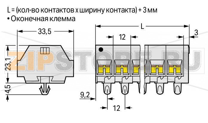 4-проводная клеммная колодка; подходят для исполнений Ex e II; 10-пол.; без кнопок; с защелкивающимися монтажными ножками; для толщины пластины 0,6 - 1,2 мм; Крепежное отверстие 3,5 мм O; 4 mm; CAGE CLAMP®; 4,00 mm; светло-серые Wago 262-290 