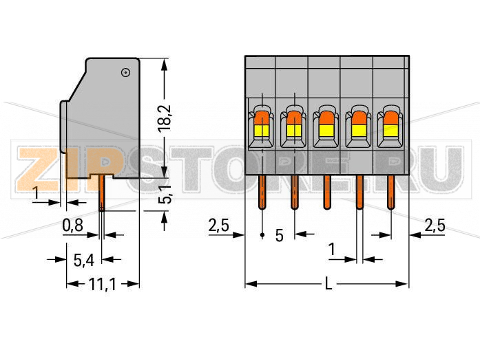 Клемма на печатную плату; 2,5 мм; Шаг контактов 5 мм; 8-пол.; CAGE CLAMP®; 2,50 mm; серые Wago 740-108 Клеммные колодки с соединением CAGE CLAMP®, монтаж проводников при помощи отверткиОткрытие зажима сверху, введение проводника сбоку Выводы и габариты совместимы с клеммами винтового типа сходного дизайнаКлеммные колодки могут размещаться рядом без потери полюсов...