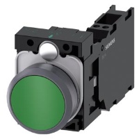 Кнопочный выключатель, 22 мм, кругл., пластмасса с металлическим фронтальным кольцом, цвет: зеленый, кнопка, плоск., нажатием на кнопку, с держателем 1 НО + 1 НЗ, пружинная клемма Siemens 3SU1130-0AB40-3FA0
