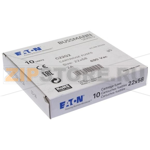 Предохранитель, 2 A, AC 690 В, 80 кА, 22x58 мм, gL/gG, IEC Eaton CYLINDRICAL FUSE 22x58 2A GG 6 