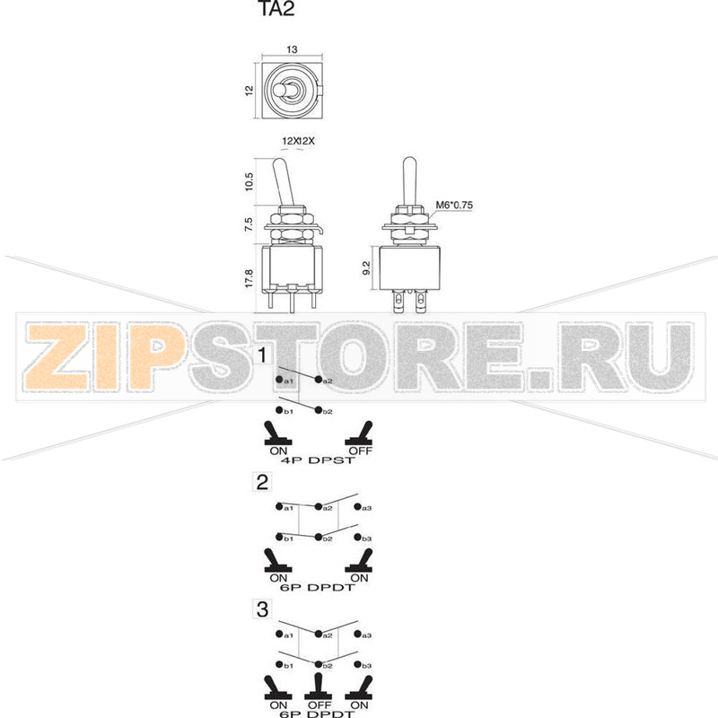 Тумблер 250 В/AC, 3 А, 2 x вкл/вкл, 1 шт SCI TA202A1 