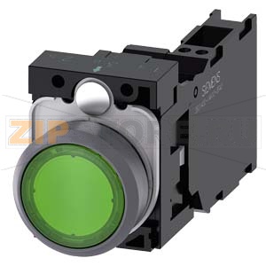 КНОПКА С ПОДСВЕТКОЙ, 22MM, КРУГЛАЯ,  ПЛАСТИК С МЕТАЛЛИЧЕСКИМ ФРОНТАЛЬНЫМ КОЛЬЦОМ, ЗЕЛЁНАЯ, ПЛОСКАЯ КНОПКА, КОНТАКТЫ МГНОВЕННОГО ДЕЙСТВИЯ, С ДЕРЖАТЕЛЕМ, 1NO+1NC, МОДУЛЬ ПОДСВЕТКИ С ИНТЕГРИРОВАННЫМ СВЕТОДИОДОМ 24V AC/DC,  ПРУЖИННЫЕ КЛЕММЫ Siemens 3SU1132-0A 