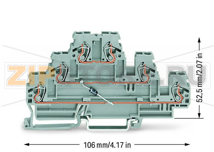 Компонентная клемма; трехуровн.; с диодом 1N4007; Анод, нижний; для DIN-рейки 35 x 15 и 35 x 7,5; 2,5 мм; CAGE CLAMP®; 2,50 mm; серые Wago 870-590/281-675 