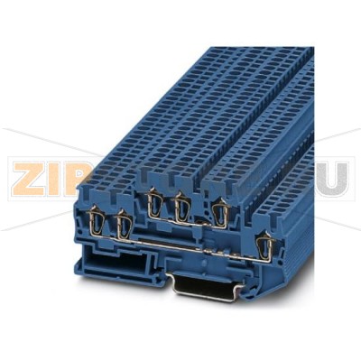 Проходные клеммы Phoenix Contact STTB 2,5-TWIN BU Сечение:  0,08 мм² - 4 мм², AWG: 28 - 12, Тип подключения: Пружинный зажим, Ширина: 5,2 мм, Цвет: синий, Тип монтажа: NS 35/7,5, NS 35/15.Минимальный заказ: 50 шт.Упаковка: 50 шт.