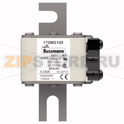 Предохранитель, 450 A, AC 690 В, 200 кА, 2, 61x77x108 мм, aR, DIN, IEC Eaton FUSE 450A 690V 2KN 