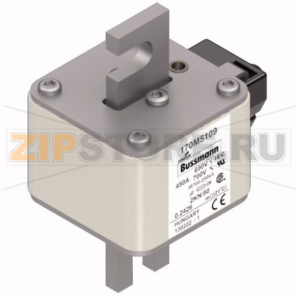 Предохранитель, 450 A, AC 690 В, 200 кА, 2, 61x77x108 мм, aR, DIN, IEC Eaton FUSE 450A 690V 2KN 