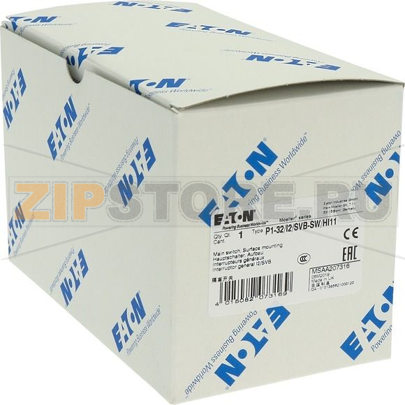 Выключатели главные, P1, 32 A, монтаж на поверхность, 3-полюсн Eaton P1-32/I2/SVB-SW/HI11 