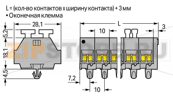 2-проводные клеммные колодки; 9-пол.; с обеих сторон с нажимными кнопками; с защелкивающимися монтажными ножками; для толщины пластины 0,6 - 1,2 мм; Крепежное отверстие 3,5 мм O; 2,5 мм; CAGE CLAMP®; 2,50 mm; серые Wago 261-159/341-000 