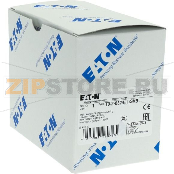 Выключатели главные, T0, 20 A, монтаж на поверхность, 2 модуль, 4-полюсн Eaton T0-2-8324/I1/SVB 