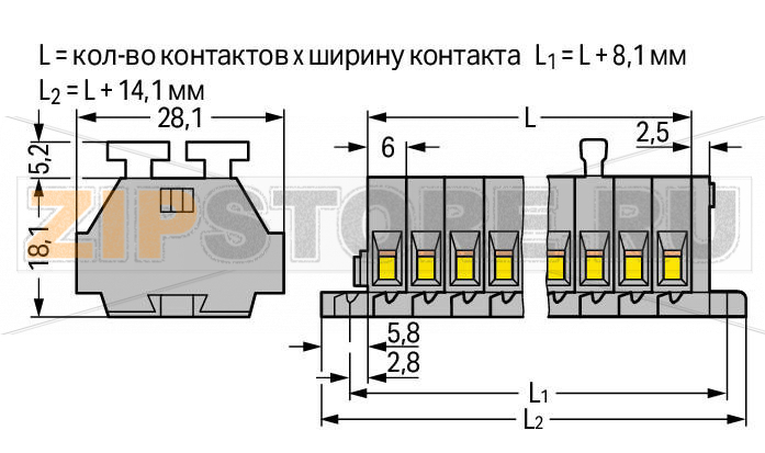 2-проводные клеммные колодки; 9-пол.; с обеих сторон с нажимными кнопками; с крепежными фланцами; для винтового или аналогичных типов крепления; Крепежное отверстие 3,2 мм O; 2,5 мм; CAGE CLAMP®; 2,50 mm; серые Wago 261-109/341-000 