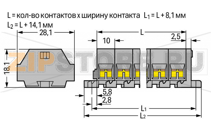 4-проводная клеммная колодка; 2-пол.; без кнопок; с крепежными фланцами; для винтового или аналогичных типов крепления; Крепежное отверстие 3,2 мм O; 2,5 мм; CAGE CLAMP®; 2,50 mm; серые Wago 261-202 