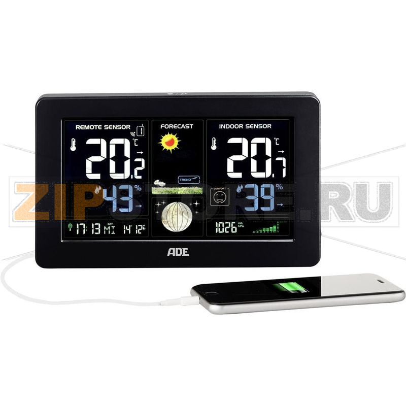 Метеостанция цифровая с зарядкой для смартфона ADE WS 1704 