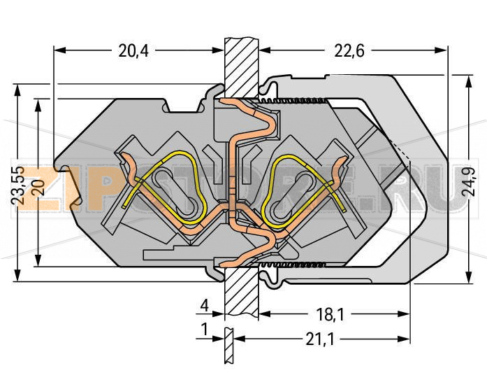 Проходные клеммы; 4 mm; Шаг контактов 7 мм; 4-пол.; CAGE CLAMP®; 4,00 mm; серые Wago 826-164 Проходные клеммные блоки с зажимом CAGE CLAMP® с обеих сторон, приводимым в действие при помощи отверткиПростой монтаж без использования дополнительных инструментовОбеспечивают прямой заземляющий контакт с корпусом/панельюДиагностические отводы с обеих сторон...