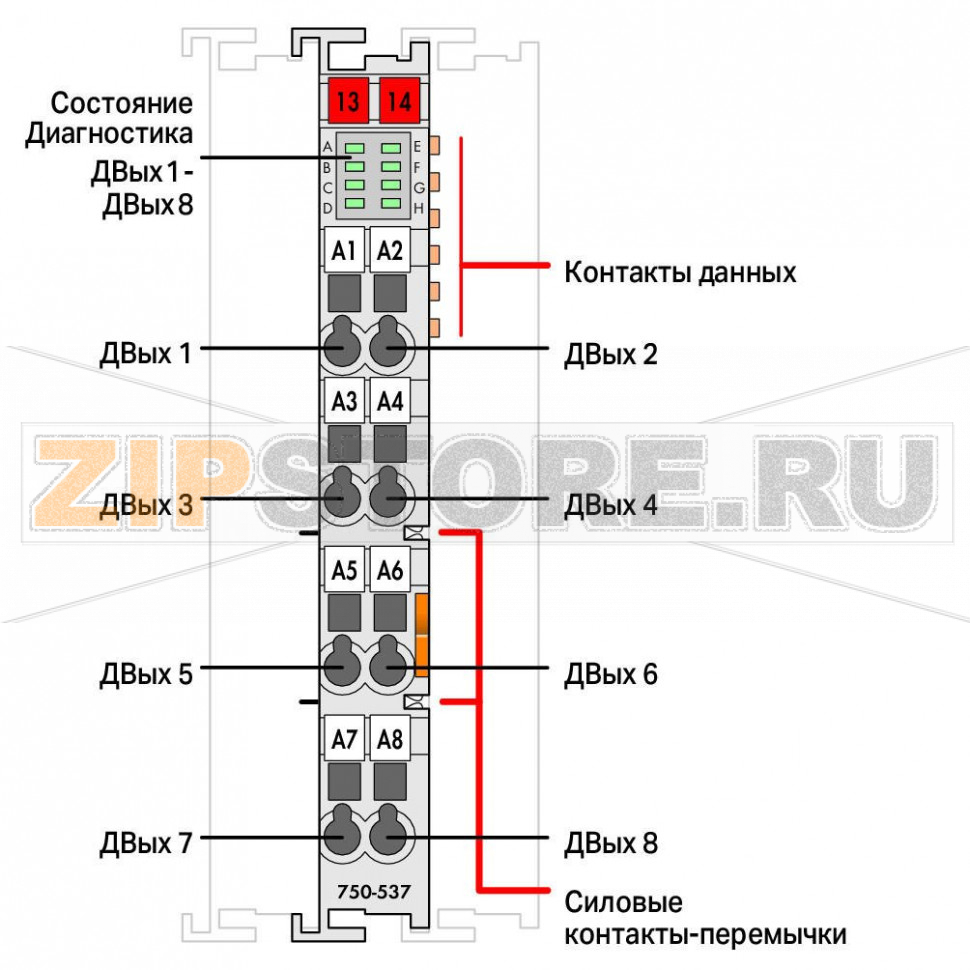 8-канальный дискретный выход; тока; 0,5 А; Диагностика; светло-серые Wago 750-537 