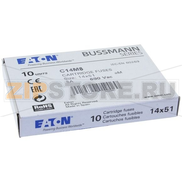 Предохранитель, 8 A, AC 690 В, 80 кА, 14x51 мм, aM, IEC Eaton CYLINDRICAL FUSE 14x51 8A AM 690V 