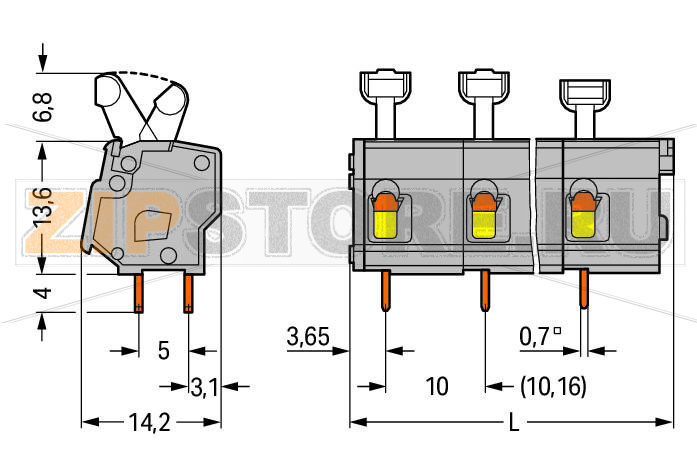 PCB terminal block; push-button; 2.5 mm; Pin spacing 10/10.16 mm; 2-pole; suitable for Ex-e applications; CAGE CLAMP®; commoning option; 2,50 mm; light gray Wago 257-602/000-009/999-950 Клеммные колодки с зажимами CAGE CLAMP®, монтаж с помощью нажимных кнопокУстановите шаг контактов в мм или дюймах либо сжав клеммные колодки плотнее, либо разделяя ихИдеальны для монтажа в полевых условиях благодаря простоте использования при помощи нажимных кнопокУдобный монтаж без использования инструментов...