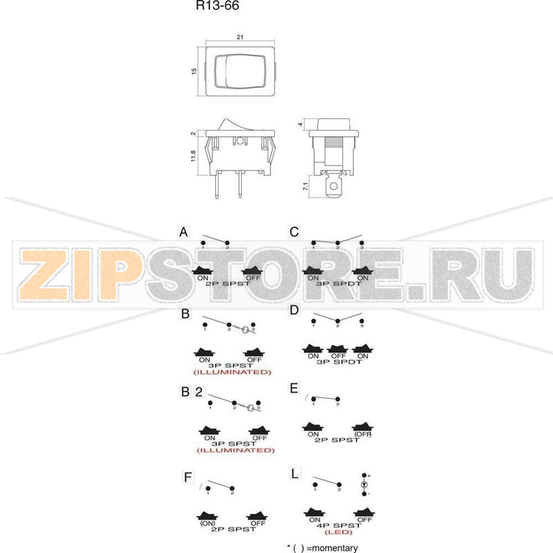 Переключатель клавишный 12 В/DC, 16 А, 1 x выкл/вкл, 1 шт SCI R13-66B-02 