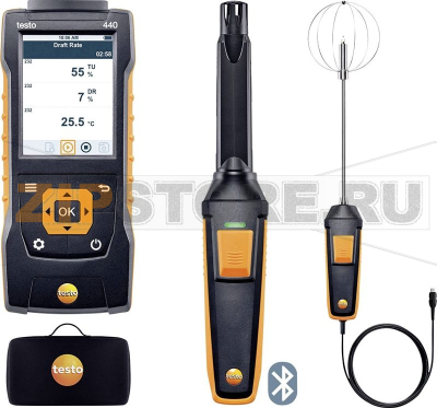 Комплект: измерительный прибор 440, зонд для измерения CO₂ с Bluetooth, батарейки 3xАА, USB-кабель, чехол Testo 0563 4408 