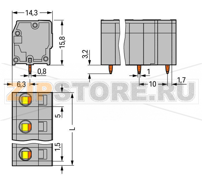 Клемма на печатную плату; 2,5 мм; Шаг контактов 10 мм; 10-пол.; CAGE CLAMP®; 2,50 mm; серые Wago 739-3210 Клеммные колодки с соединением CAGE CLAMP®, монтаж проводников при помощи отверткиВвод и работа проводника в вертикальном положении помогают экономить место...
