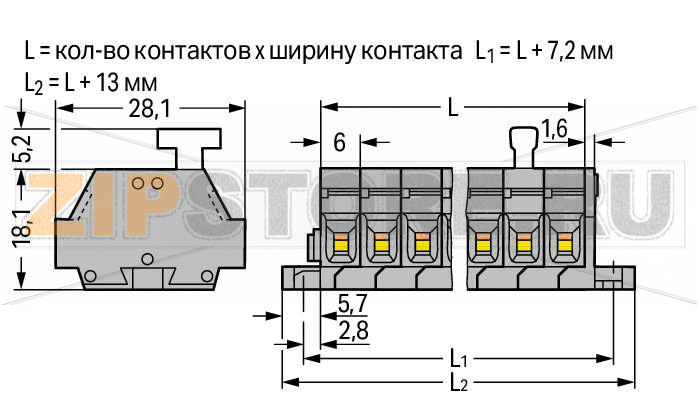 2-проводные клеммные колодки; 9-пол.; с одной стороны с нажимными кнопками; с крепежными фланцами; для винтового или аналогичных типов крепления; Крепежное отверстие 3,2 мм O; 2,5 мм; CAGE CLAMP®; 2,50 mm; серые Wago 261-429/331-000 