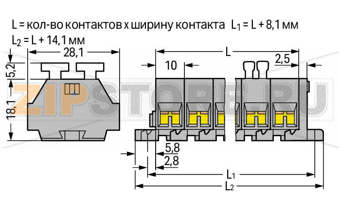 4-проводная клеммная колодка; 2-пол.; с обеих сторон с нажимными кнопками; с крепежными фланцами; для винтового или аналогичных типов крепления; Крепежное отверстие 3,2 мм O; 2,5 мм; CAGE CLAMP®; 2,50 mm; серые Wago 261-202/342-000 