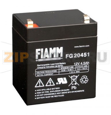 FIAMM FG 20451 Герметичные необслуживаемые аккумуляторы (АКБ) FIAMM FG 20451 Напряжение - 12 В; Емкость - 4,5 Ач; Габариты: длина 90 мм, ширина 70 мм, высота 101 мм, вес: 1,5 кг