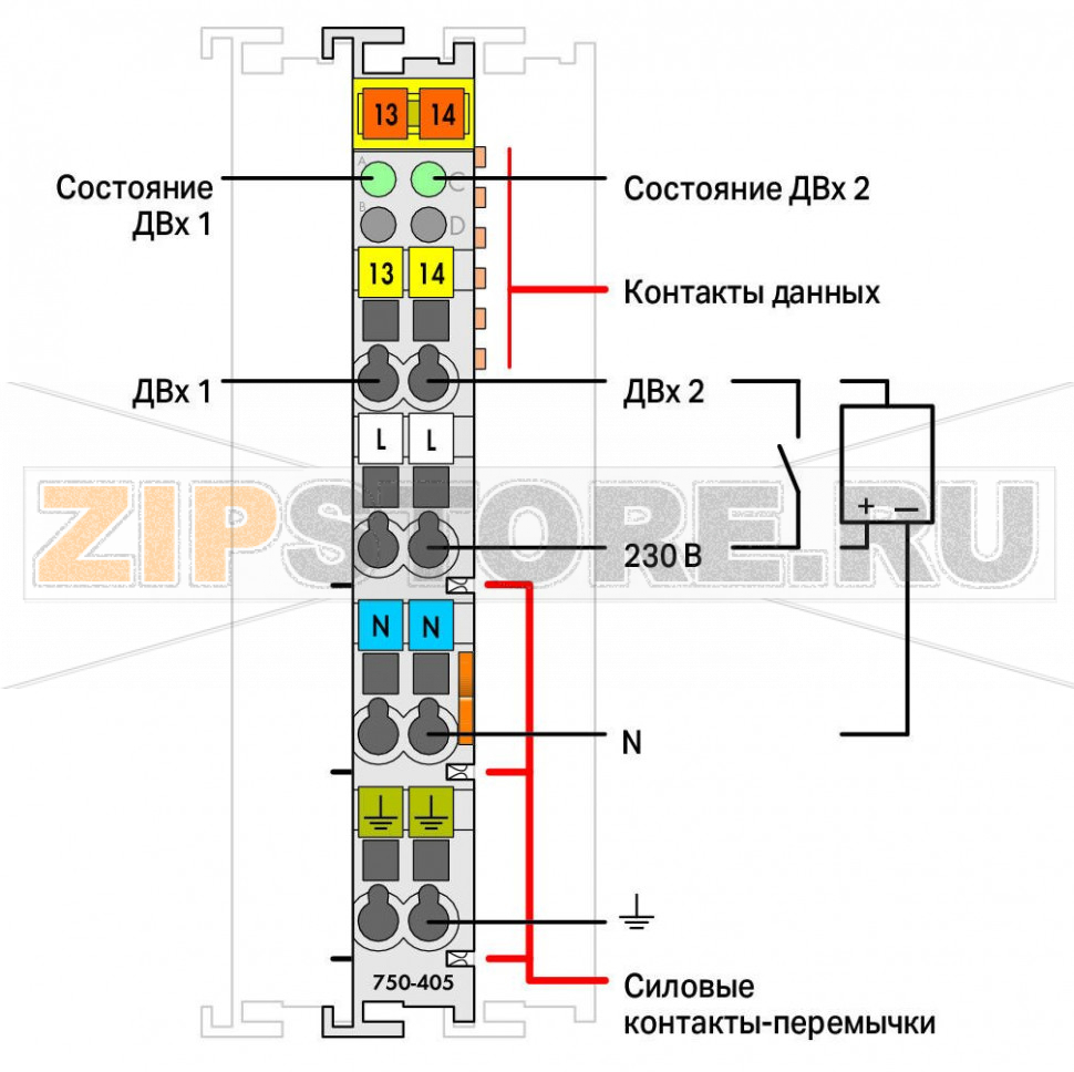 2-канальный дискретный вход; 230 В перем.тока; светло-серые Wago 750-405 