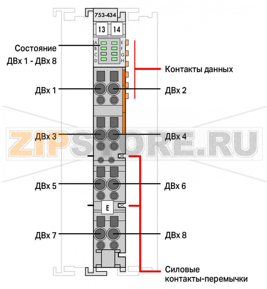 Модуль, 8 дискретных входов; 5/12 В пост.тока; 0,2 мс; светло-серые Wago 753-434 