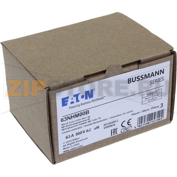 Предохранитель, 63 A, AC 500 В, 120 кА, NH00, aM, IEC Eaton FUSE NH SIZE 00 AM 63A 500V 