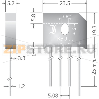 Мост диодный 6 А, 200 В, кремниевый, однофазный, корпус: SIL-4 Diotec KBU6D 