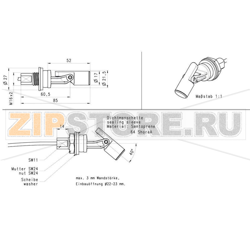 Переключатель поплавковый 250 В/AC, 1 А, IP67, 1 шт Elobau 204KS12DT1H 