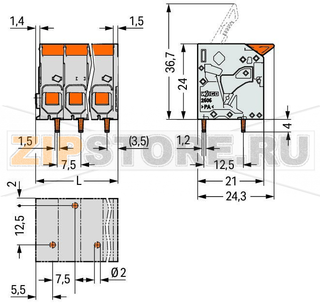 Клемма на печатную плату; рычаг; 3; Шаг контактов 7,5 мм; 5-пол.; Push-in CAGE CLAMP®; 6,00 mm; серые Wago 2606-1105/010-000 Клеммные?колодки?с?зажимами?Push-in CAGE CLAMP®,?приводимыми?в?действие?при?помощи?нажимных?кнопокЗажим одножильных проводников и тонкожильных проводников с наконечниками путем вставкиНажимные кнопки, открывающие зажим с минимальными усилиями, для простого подключения / извлечения тонкопроволочных проводниковУдобный монтаж без использования инструментовИсполнения с тестовыми разъемами и разделителями и без нихДоступны исполнения с индивидуальным внутренним объединением (заводская сборка), например, объединение с заземляющим проводом...