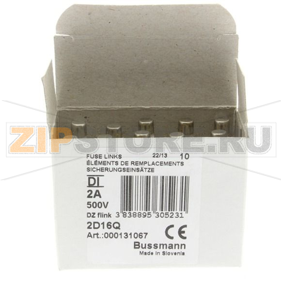 Предохранитель, 2 A, AC 500 В, 100 кА, D1, 13.2x6 мм, gL/gG, IEC с задержкой Eaton FUSE-D1 2A T 