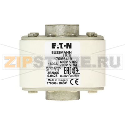Предохранитель, 1600 A, AC 690 В, 200 кА, size 3, aR, IEC UL Eaton FUSE 1600A 690V 3BN/65 AR UC 