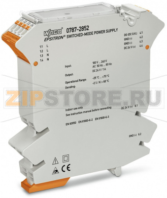 Switched-mode power supply; 1-phase; 24 VDC output voltage; 1 A output current; - Wago 787-2852 Первичный переключаемый источник питания в корпусе серии 2857 шириной 22,5 мм, тот же профиль, что и у серий 2857 и 857 преобразователей JUMPFLEX®Возможность беспроблемной подачи выходного напряжения как 24 В пост.тока, так и 0 В на примыкающие модули JUMPFLEX® через перемычки 859-4xxТехнология соединения picoMAX®Естественное конвекционное охлаждениеСообщение "DC OK" (пост.ток в норме) в качестве активного выхода сигнала (24 В пост.тока, 20 мА)Встроенный резервный диод обеспечивает бесперебойное электропитание благодаря параллельному подсоединению двух источников питанияСертификаты для применения по всему миру с использованием модулей JUMPFLEX® (на рассмотрении)...