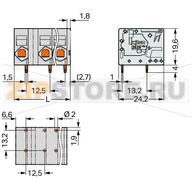 Клемма на печатную плату; 3; Шаг контактов 12,5 мм; 2-пол.; Push-in CAGE CLAMP®; 6,00 mm; серые Wago 2626-1352 Клеммные?колодки?с?зажимами?Push-in CAGE CLAMP®,?приводимыми?в?действие?при?помощи?нажимных?кнопокЗажим одножильных проводников и тонкожильных проводников с наконечниками путем вставкиНажимные кнопки, открывающие зажим с минимальными усилиями, для простого подключения / извлечения тонкопроволочных проводниковУдобный монтаж без использования инструментовИсполнения с тестовыми разъемами и разделителями и без нихДоступны исполнения с индивидуальным внутренним объединением (заводская сборка), например, объединение с заземляющим проводом...
