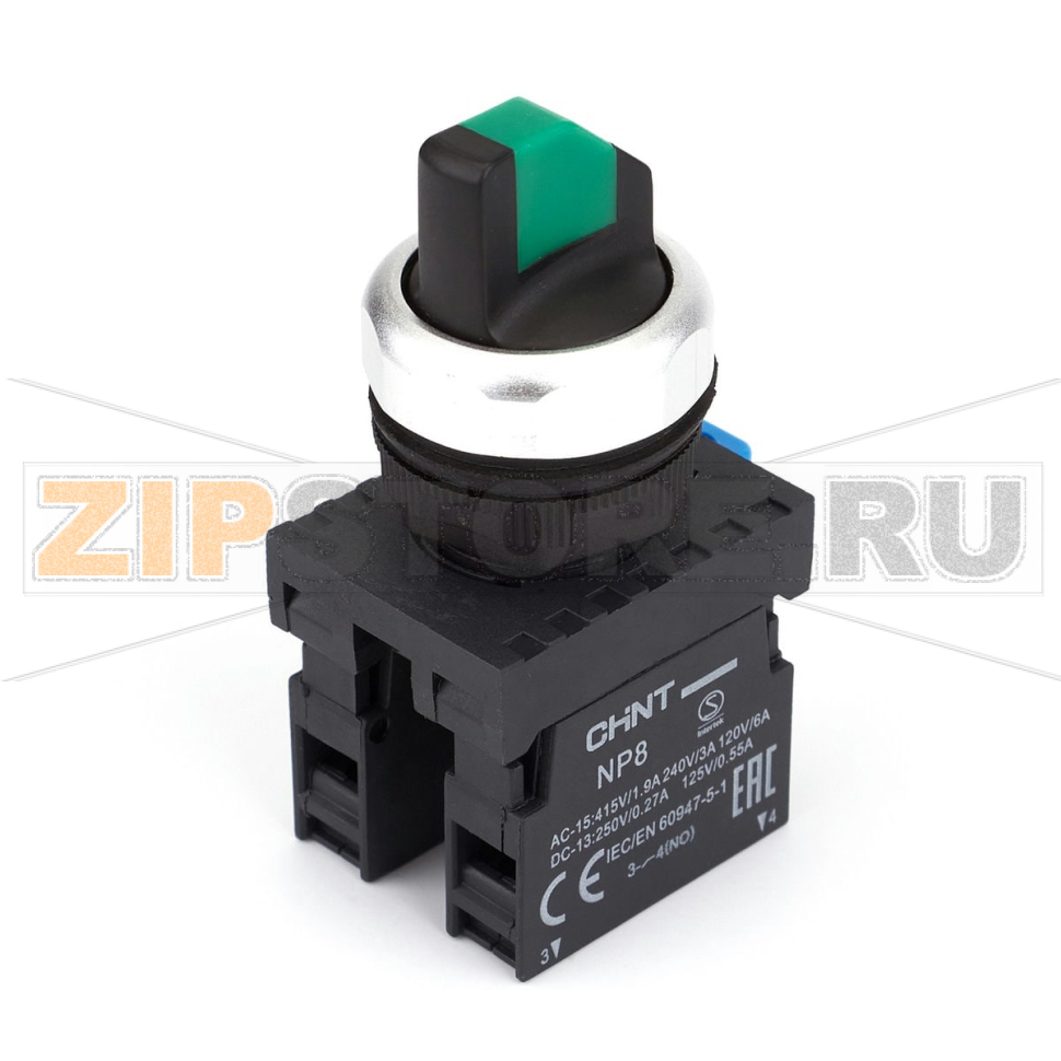 Переключатель, 2 положения, 2НО, IP65, без подсветки, зеленый Chint NP8-20X/213 