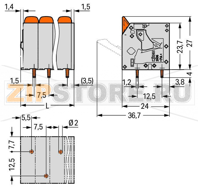Клемма на печатную плату; рычаг; 3; Шаг контактов 7,5 мм; 5-пол.; Push-in CAGE CLAMP®; 6,00 mm; серые Wago 2606-3105/020-000 Клеммные?колодки?с?зажимами?Push-in CAGE CLAMP®,?приводимыми?в?действие?при?помощи?нажимных?кнопокЗажим одножильных проводников и тонкожильных проводников с наконечниками путем вставкиНажимные кнопки, открывающие зажим с минимальными усилиями, для простого подключения / извлечения тонкопроволочных проводниковУдобный монтаж без использования инструментовИсполнения с тестовыми разъемами и разделителями и без нихДоступны исполнения с индивидуальным внутренним объединением (заводская сборка), например, объединение с заземляющим проводом...