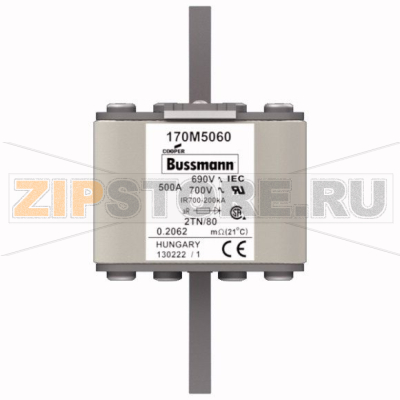 Предохранитель, 500 A, AC 690 В, 200 кА, 2, 61x75x108 мм, aR, DIN, IEC Eaton FUSE 500A 690V 2TN 