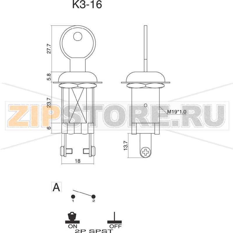 Переключатель ключевой 24 В/DC, 10 А, 1 x выкл/вкл, 1x90°, 1 шт SCI K3-16B-06 