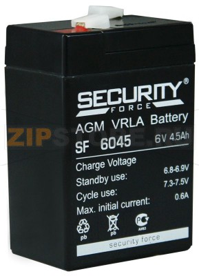 Security Force SF 6045 Аккумулятор AGM VRLA Battery - Security Force SF 6045Характеристики: Напряжение - 6V; Емкость - 4,5Ah;Габариты: длина 70 мм, ширина 47 мм, высота 107 мм, вес: 0,82 кг, Тип Клемм: зажим F1 (4,8мм)