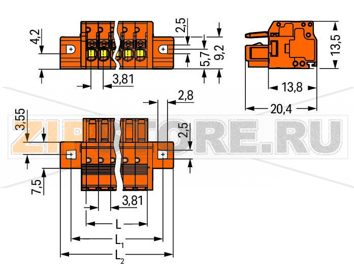 MCS MINI 1-проводниковая розетка; 100% защита от неправильного подсоединения; нажимная кнопка; зажимное кольцо; 1,5; Шаг контактов 3,81 мм; 20-пол.; 1,50 mm; оранжевые Wago 2734-220/031-000 Универсальное соединение для всех типов проводниковПростая в использовании конструкция не требует применения специальных инструментовВозможность выполнения монтажа в соединенном состоянииПростой монтаж одножильных проводников и многожильных проводников с наконечником путем вставкиВстроенные тестовые порты для тестирования параллельно вводу проводника100% защита от неправильного подсоединенияВозможны варианты кодировки...