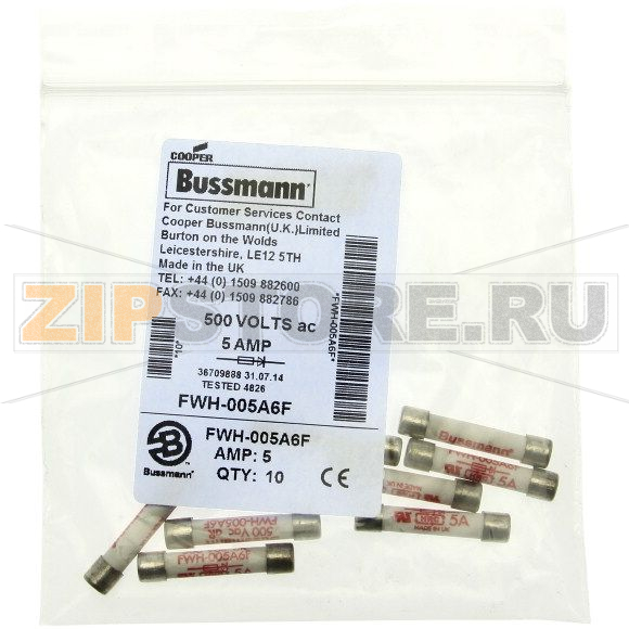 Предохранитель, 5 A, AC 500 В, 50 кА, 6x32 мм, aR, UL Eaton SEMI-COND FUSE 5.0A 500V AC 