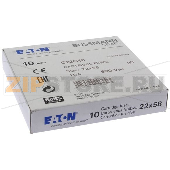 Предохранитель, 10 A, AC 690 В, 80 кА, 22x58 мм, gL/gG, IEC Eaton CYLINDRICAL FUSE 22x58 10A GG 